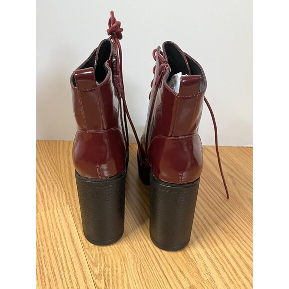 Vintage-Style 7.5 Burgundy Platform Lace-Up Ankle Boots Block Heel Glossy Shine - Picture 5 of 5